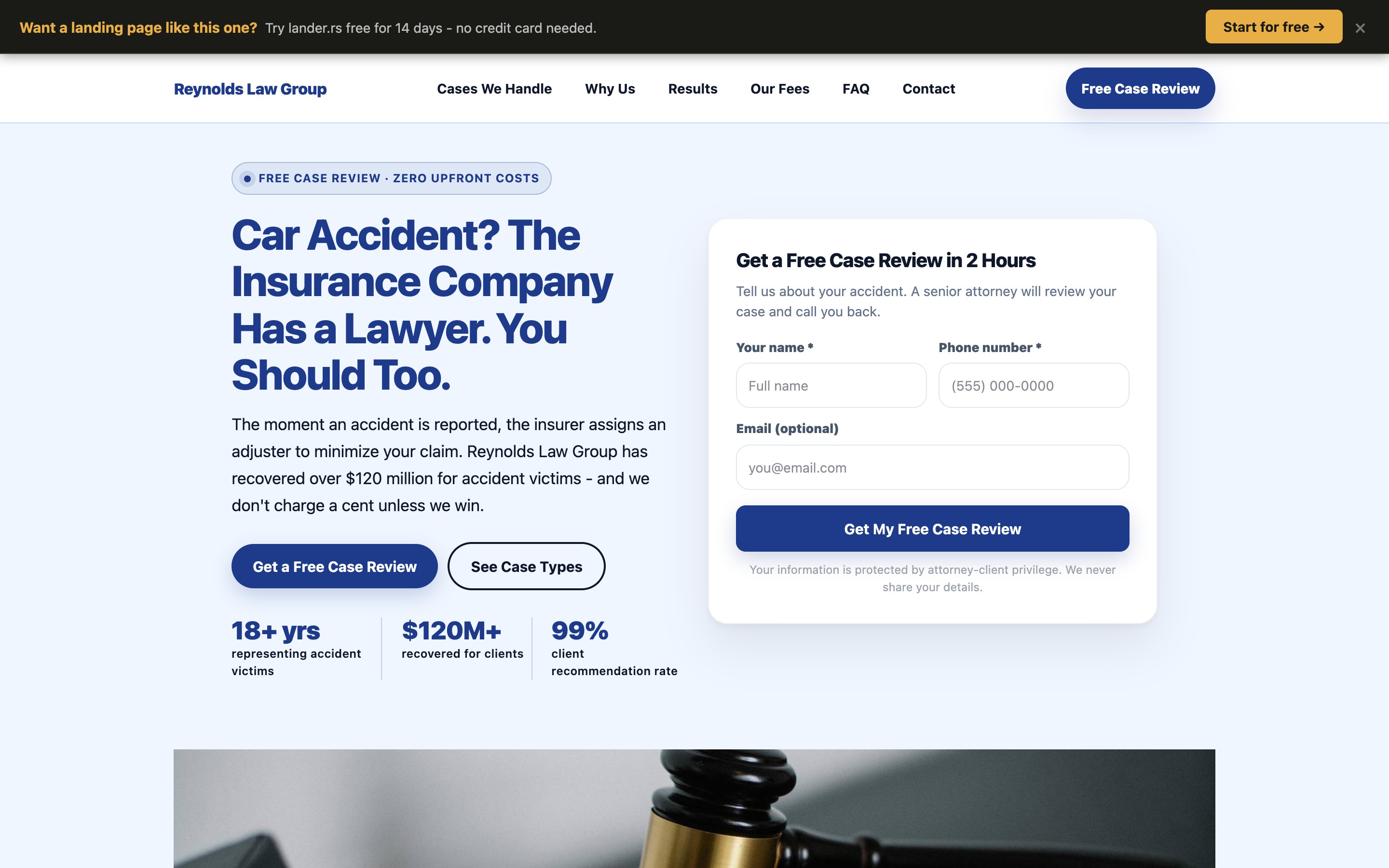 Reynolds Law Group car accident landing page - desktop