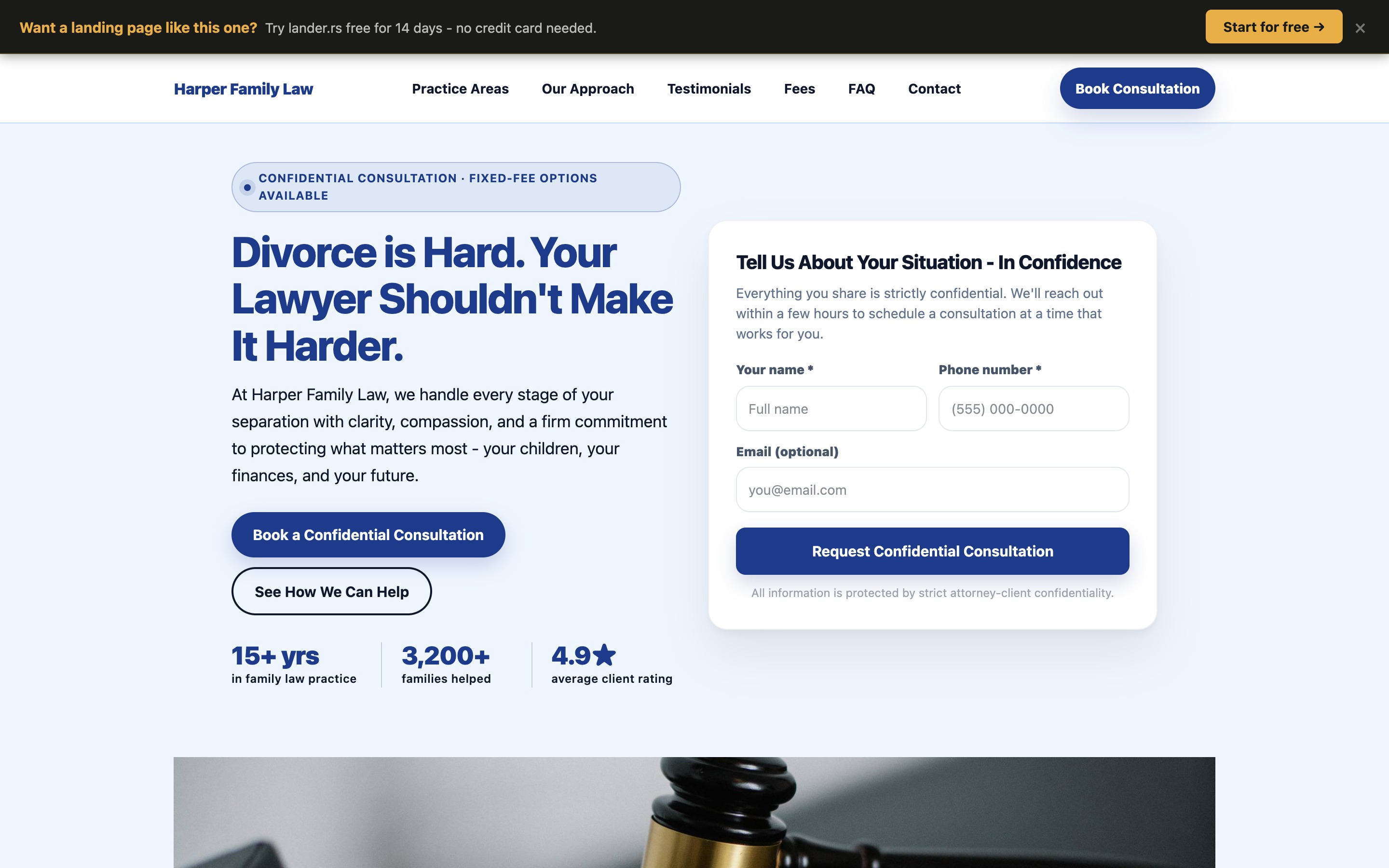 Harper Family Law divorce lawyer landing page - desktop