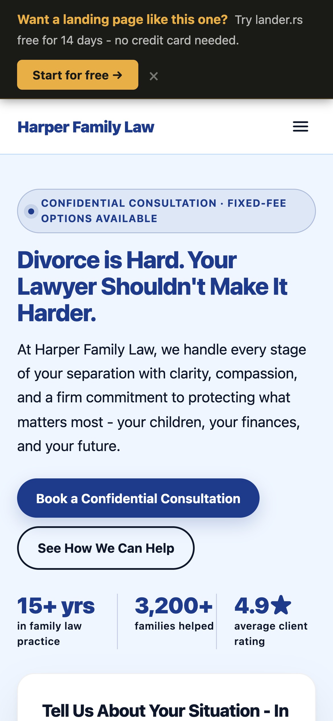 Harper Family Law landing page - mobile view
