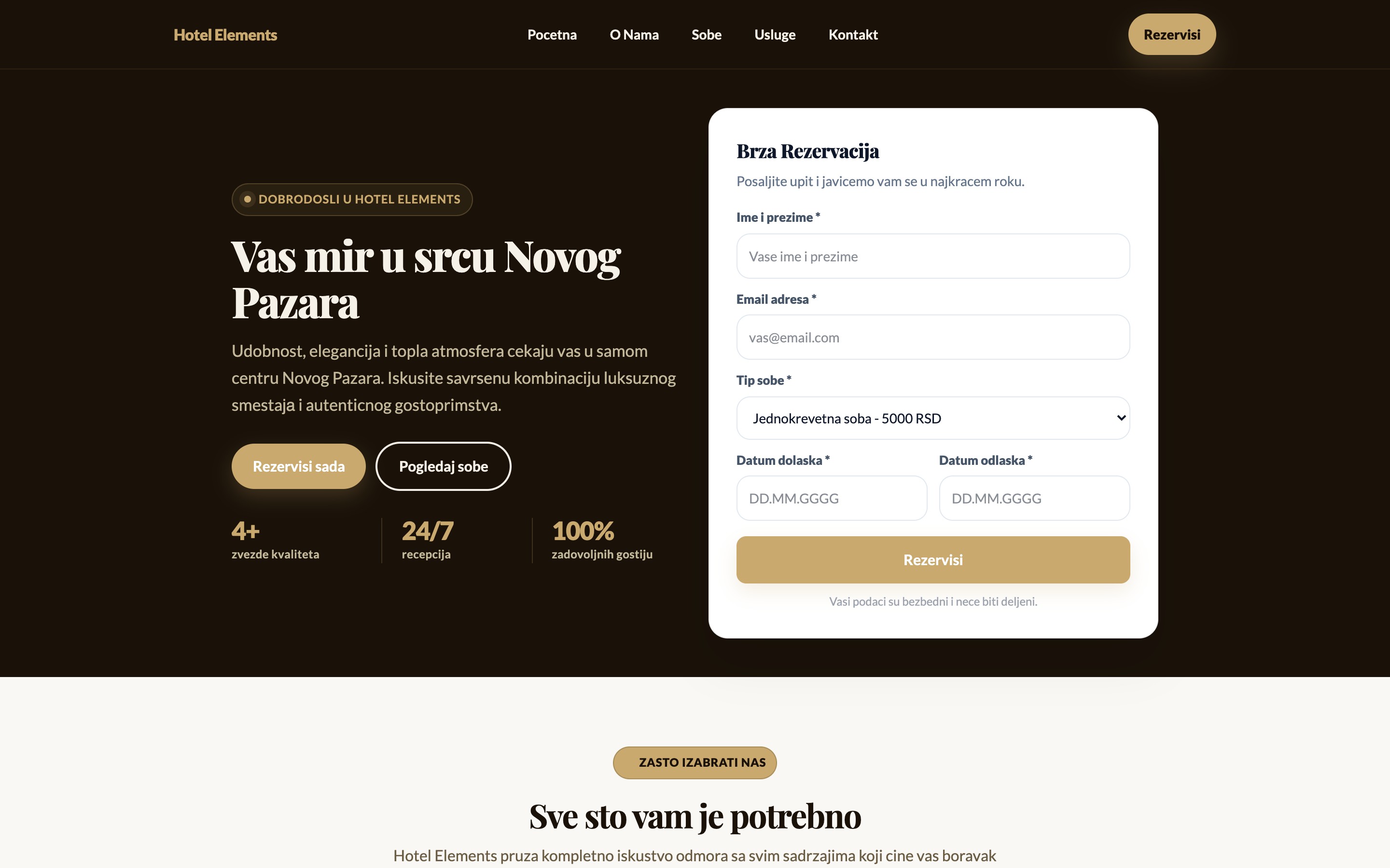 Primer sajta za hotel - Hotel Elements Novi Pazar desktop
