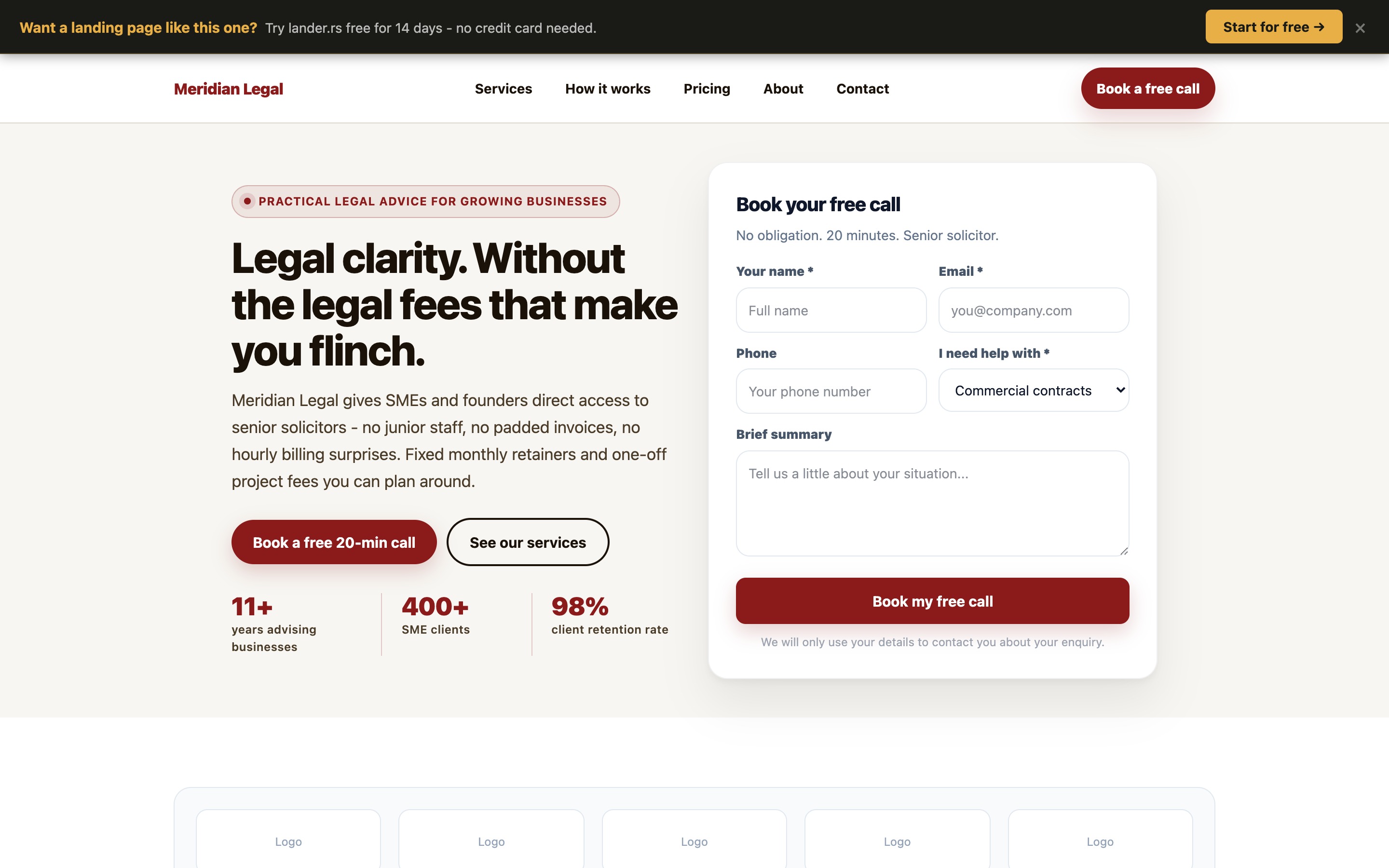 Meridian Legal landing page - desktop view
