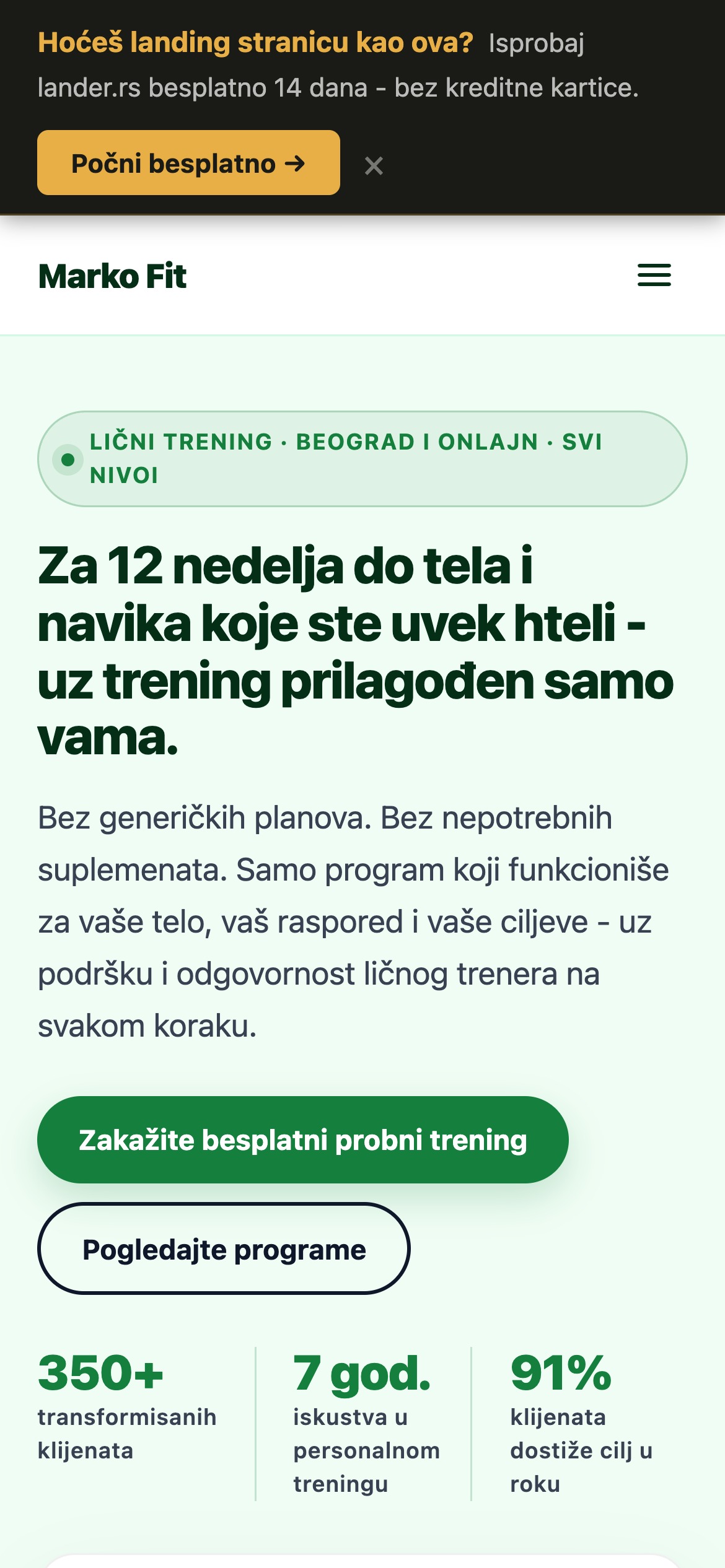 Sajt za ličnog trenera - mobilni prikaz