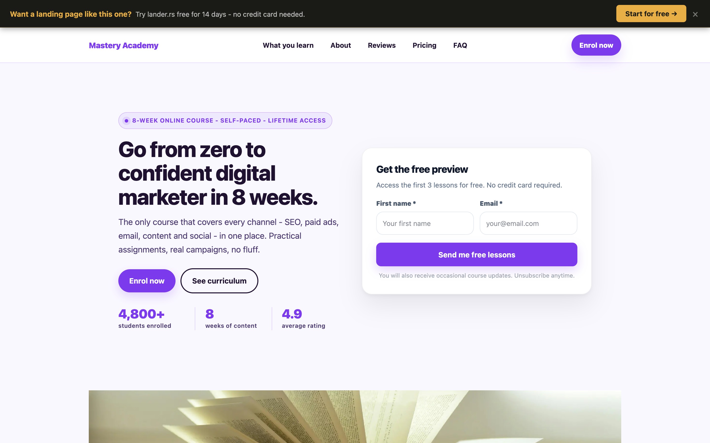 Online course landing page - desktop