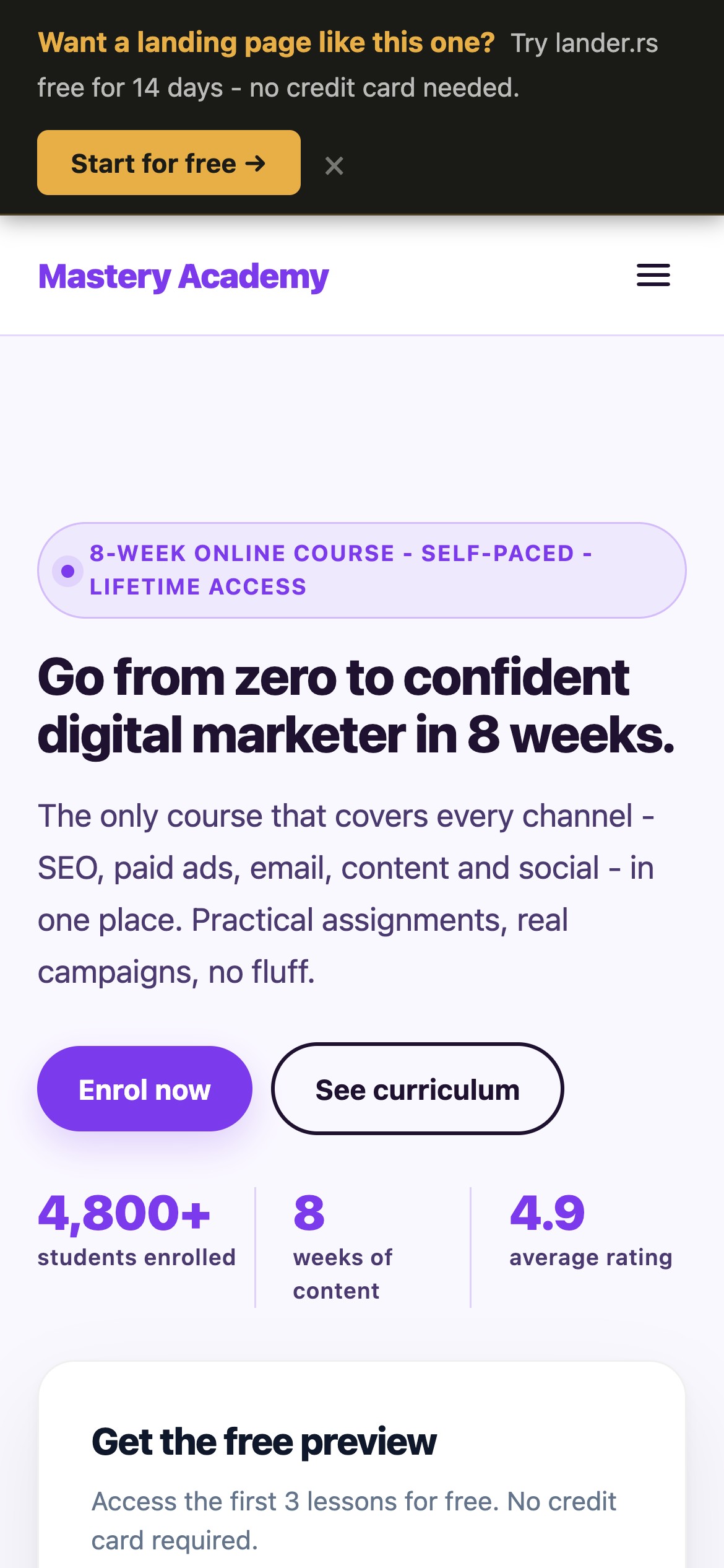 Online course landing page - mobile