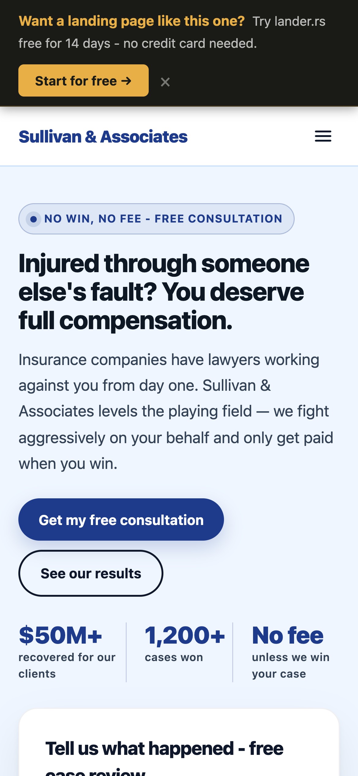 Sullivan & Associates personal injury landing page - mobile view