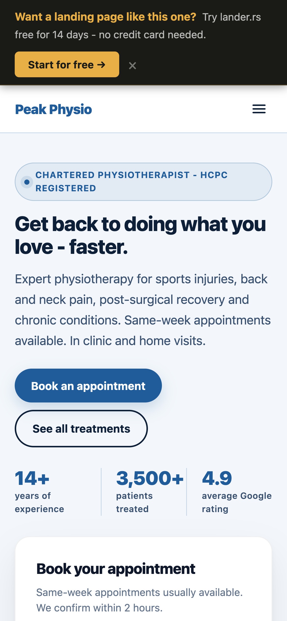 Peak Physio landing page - mobile