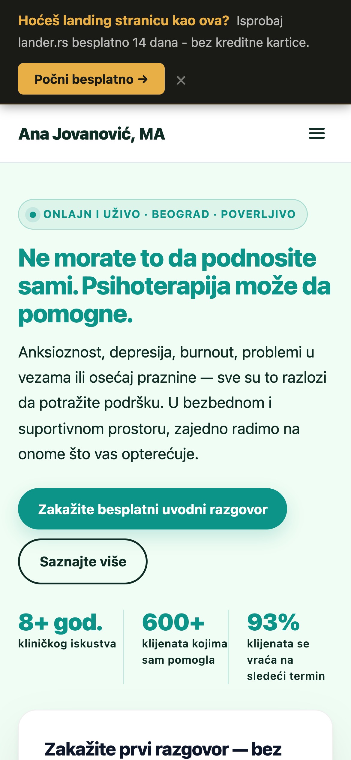 Sajt za psihoterapeuta - mobilni prikaz